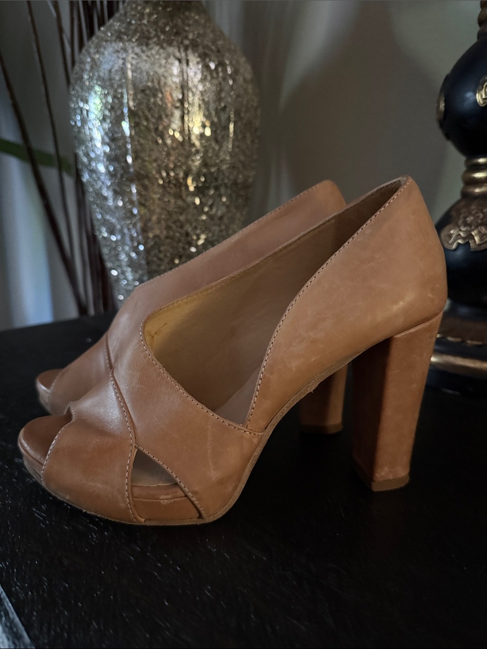 Women's Tan Leather Peep-Toe Block Heel Pumps